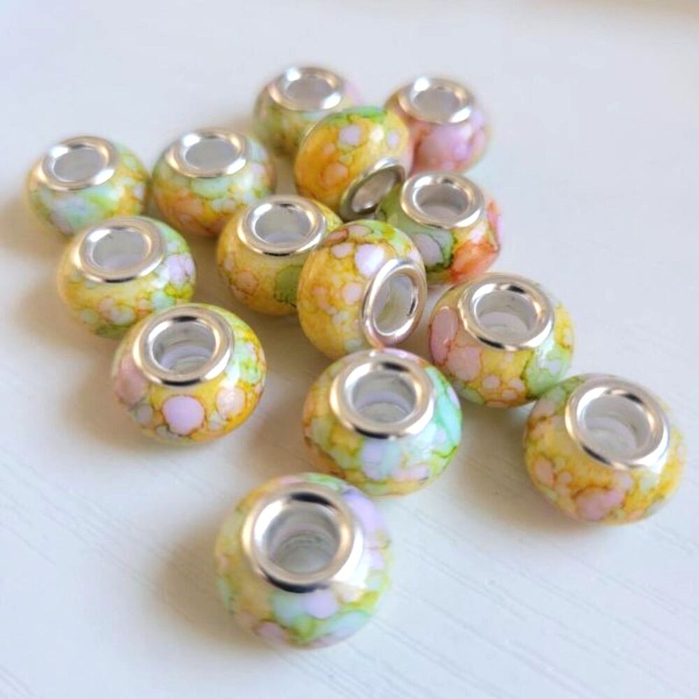 For Pandora 16 Pale Yellow And Silver Watercolor Large Hole European Charm Beads